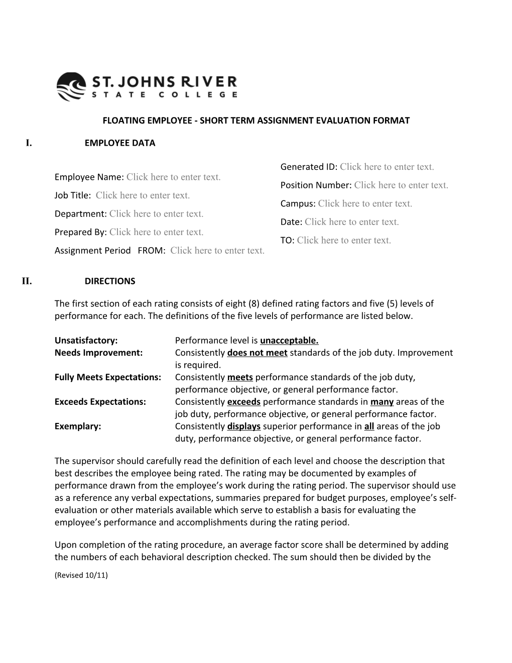 Floating Employee - Short Term Assignment Evaluation Format