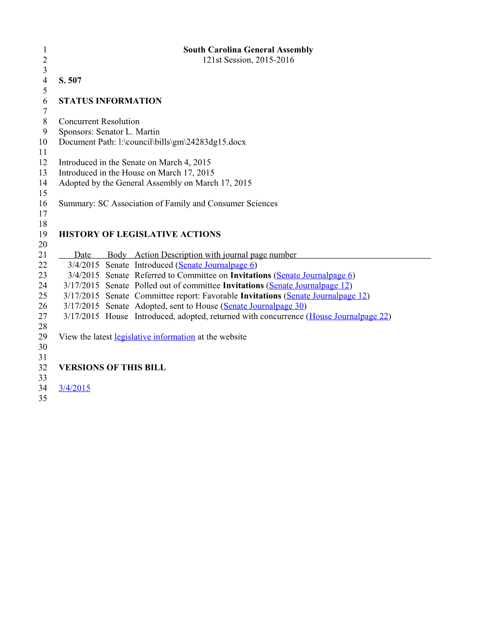 2015-2016 Bill 507: SC Association of Family and Consumer Sciences - South Carolina Legislature