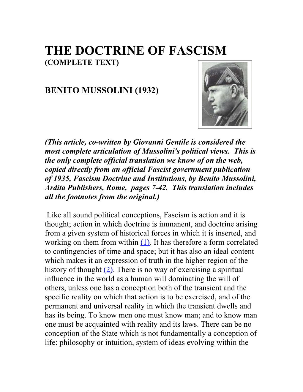 The Doctrine Of Fascism (Complete Text)