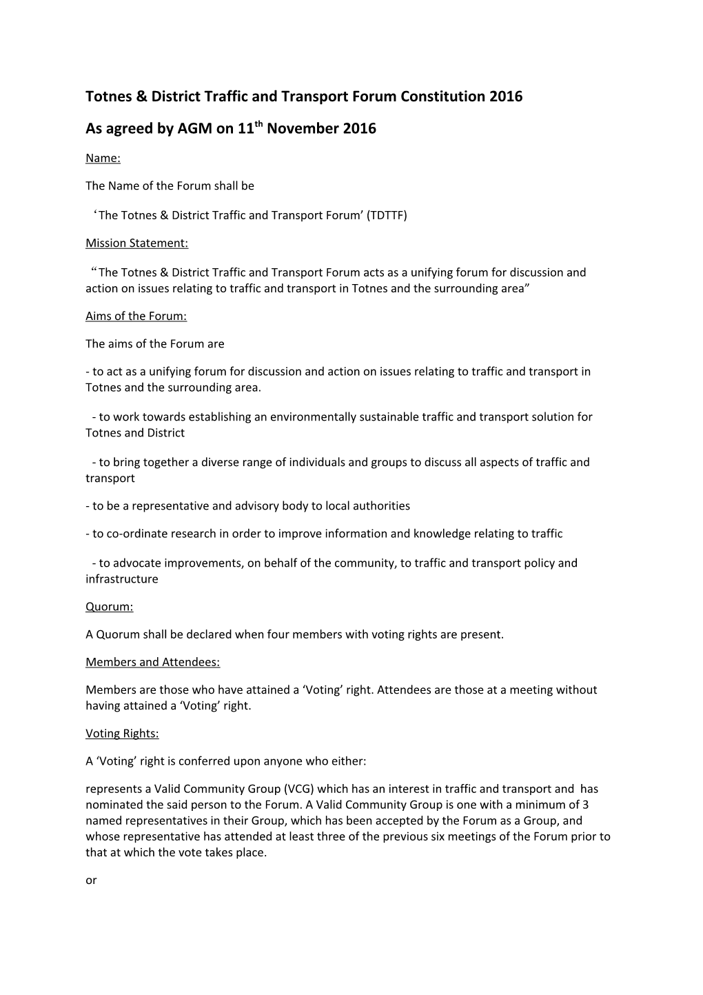 Totnes & District Traffic and Transport Forum Constitution 2016