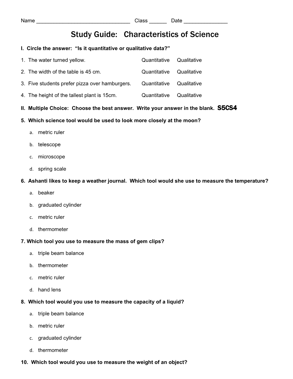 I. Circle the Answer: Is It Quantitative Or Qualitative Data?