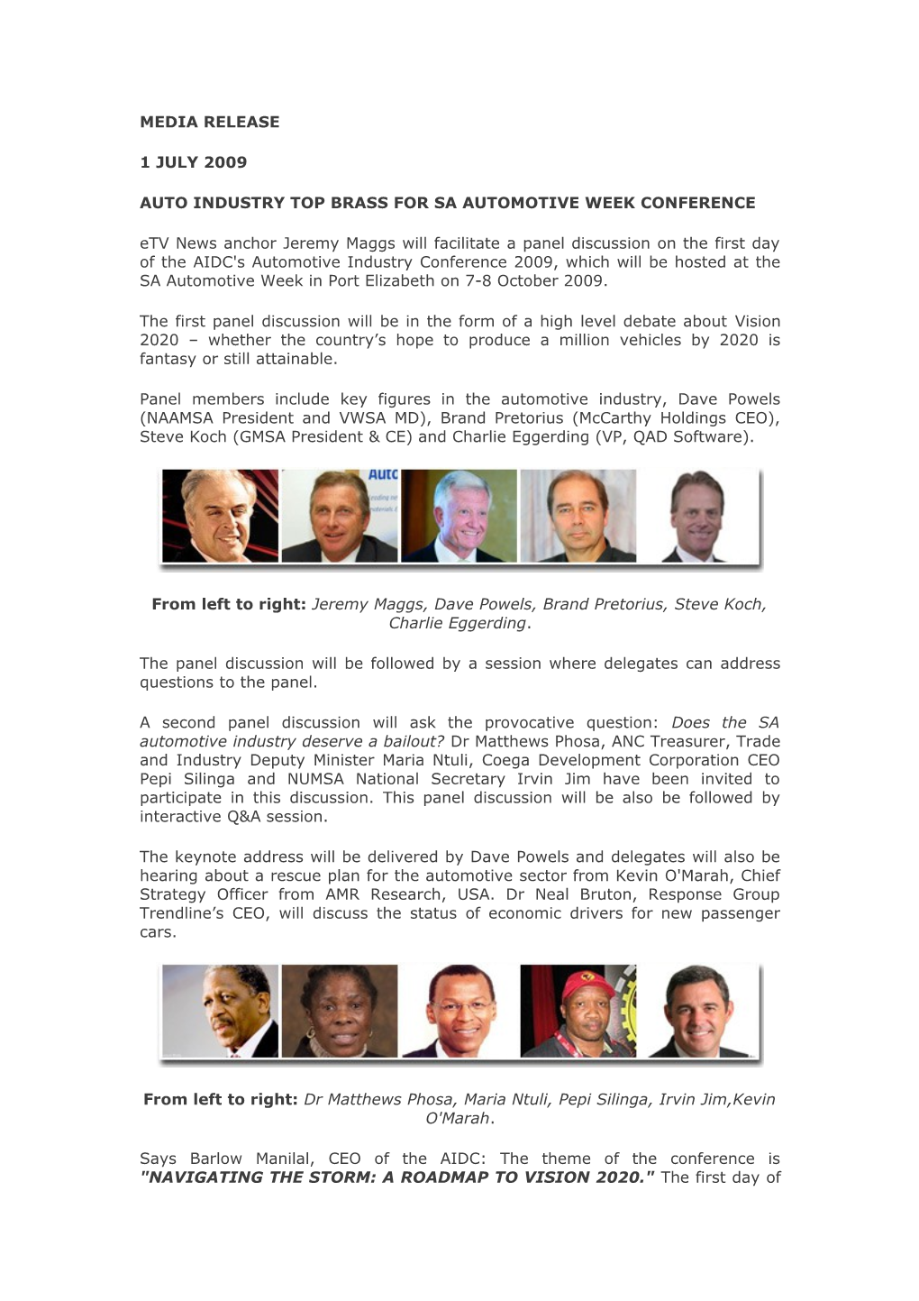 Auto Industry Top Brass for Sa Automotive Week Conference