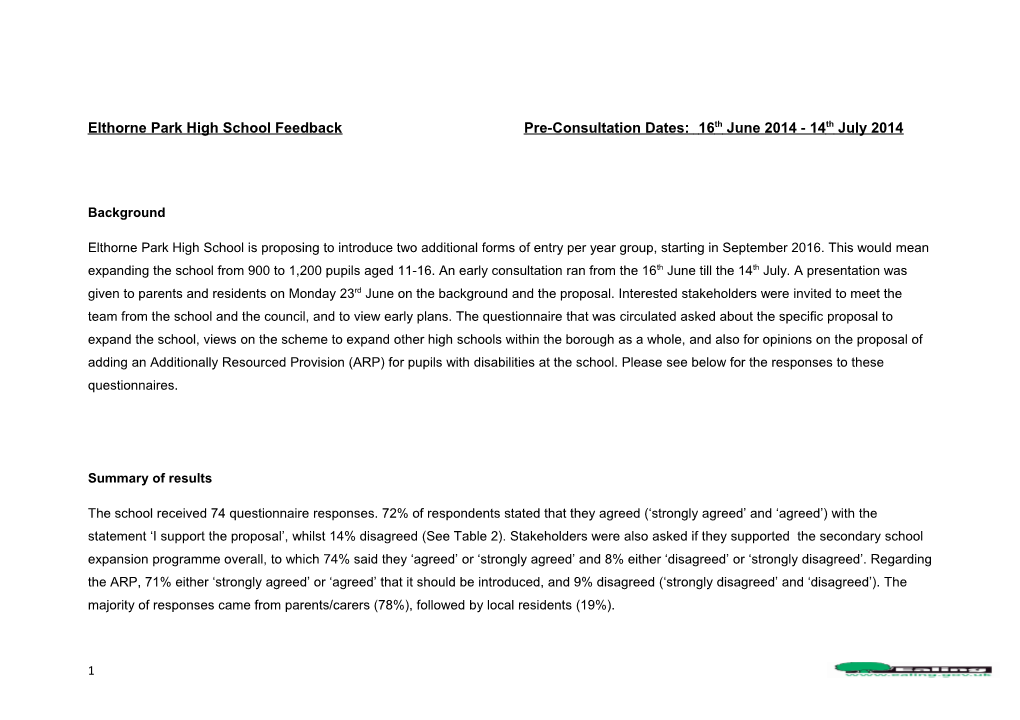 Elthorne Park High School Feedbackpre-Consultation Dates: 16Th June 2014 - 14Th July 2014