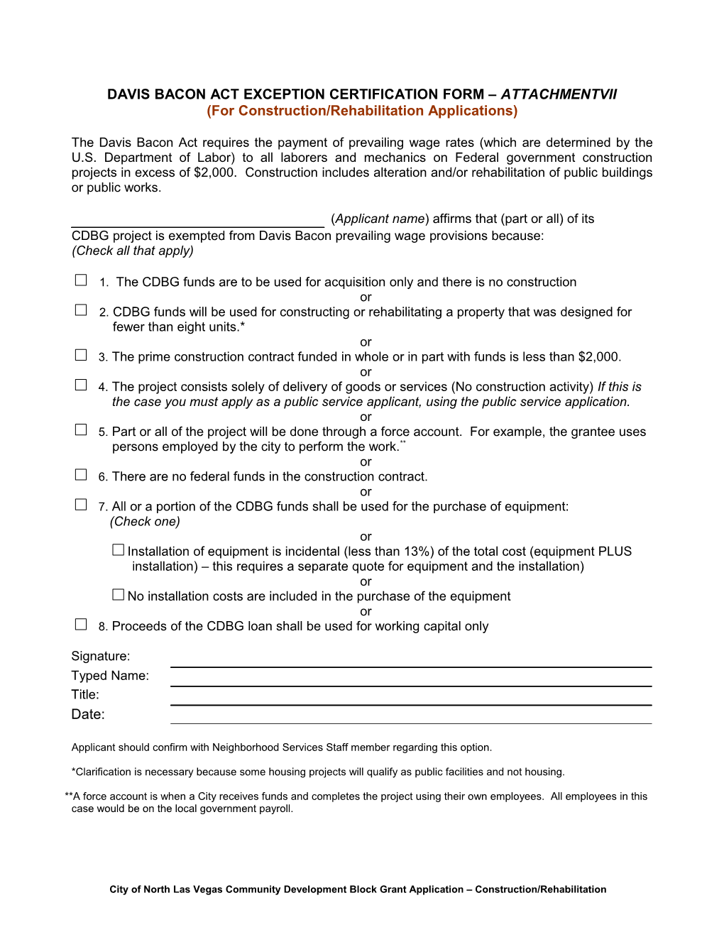 Davis Bacon Act Exception Certification Form
