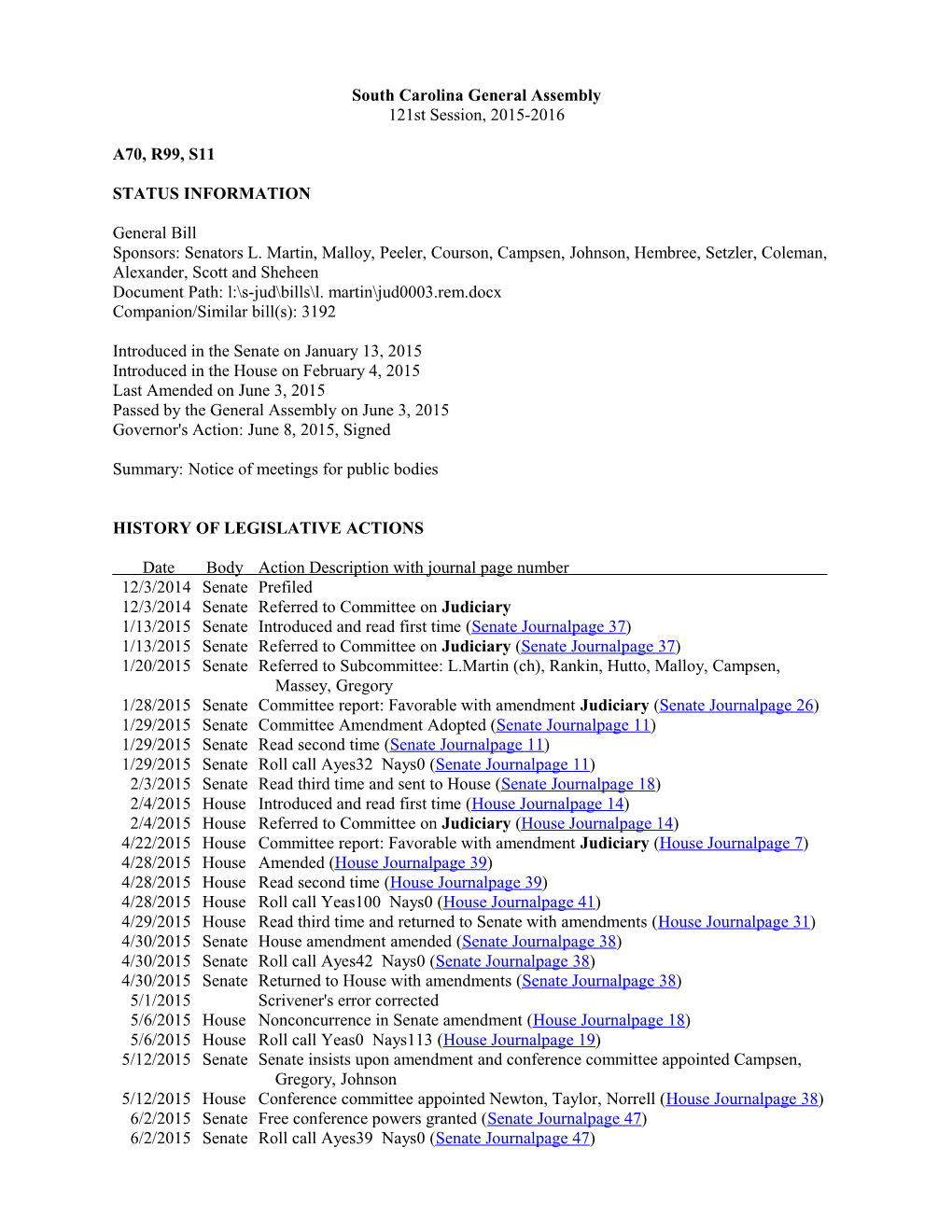 2015-2016 Bill 11: Notice of Meetings for Public Bodies - South Carolina Legislature Online