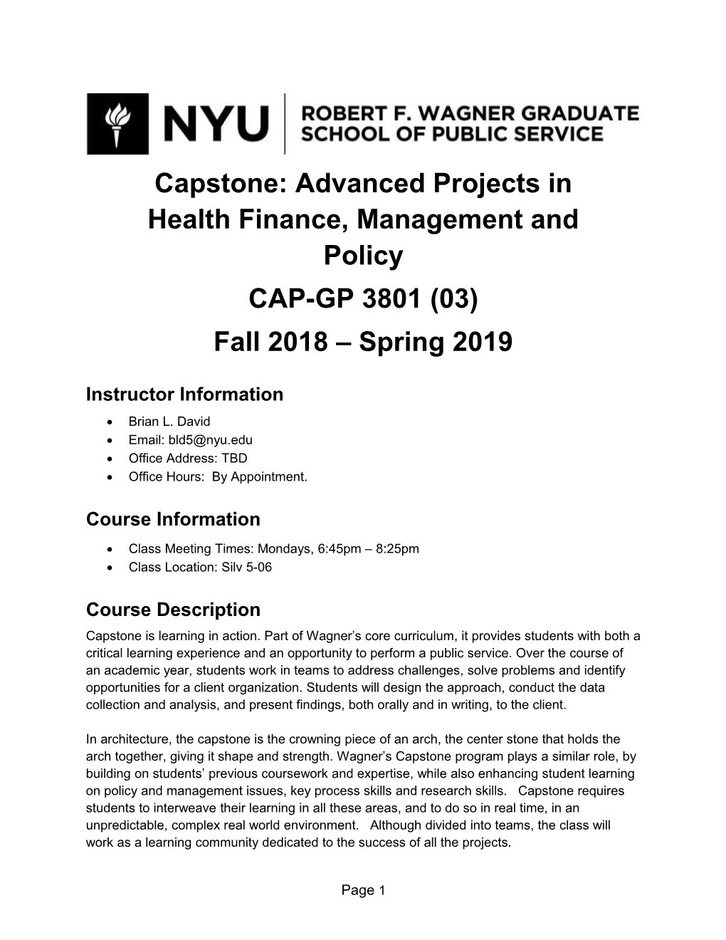 Capstone: Advanced Projects in Health Finance, Management and Policy