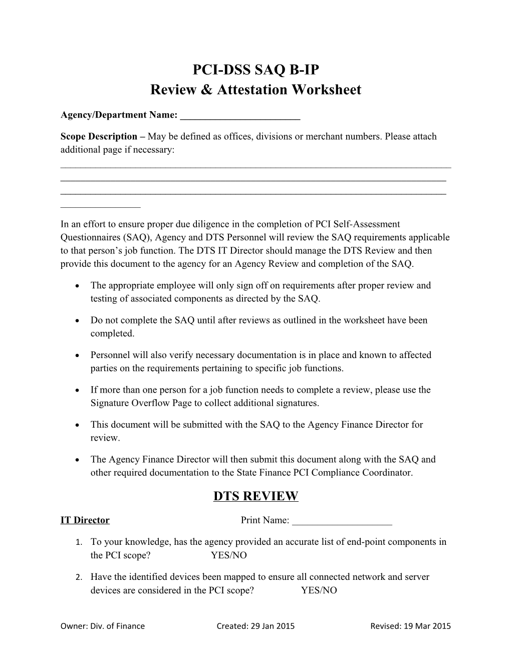 PCI-DSS SAQ B-IP Review & Attestation Worksheet