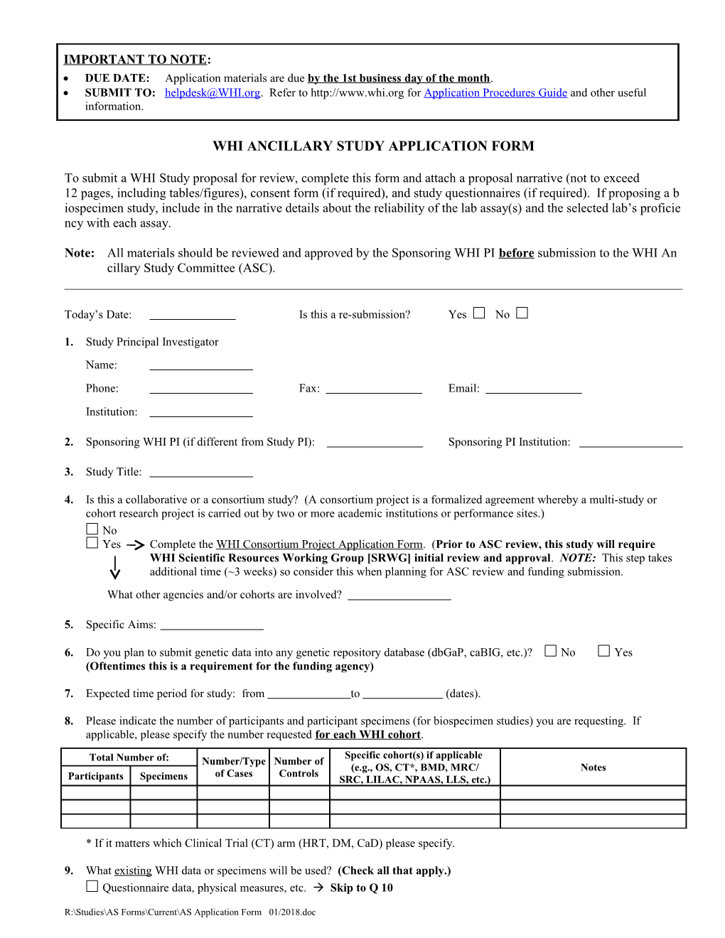 Whi Ancillary Study Application Form