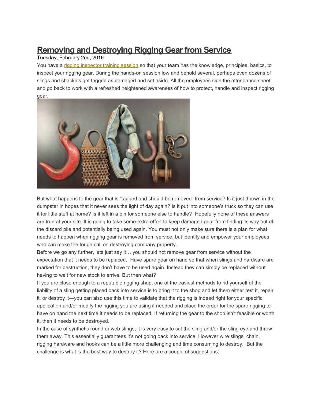 Removing and Destroying Rigging Gear from Service