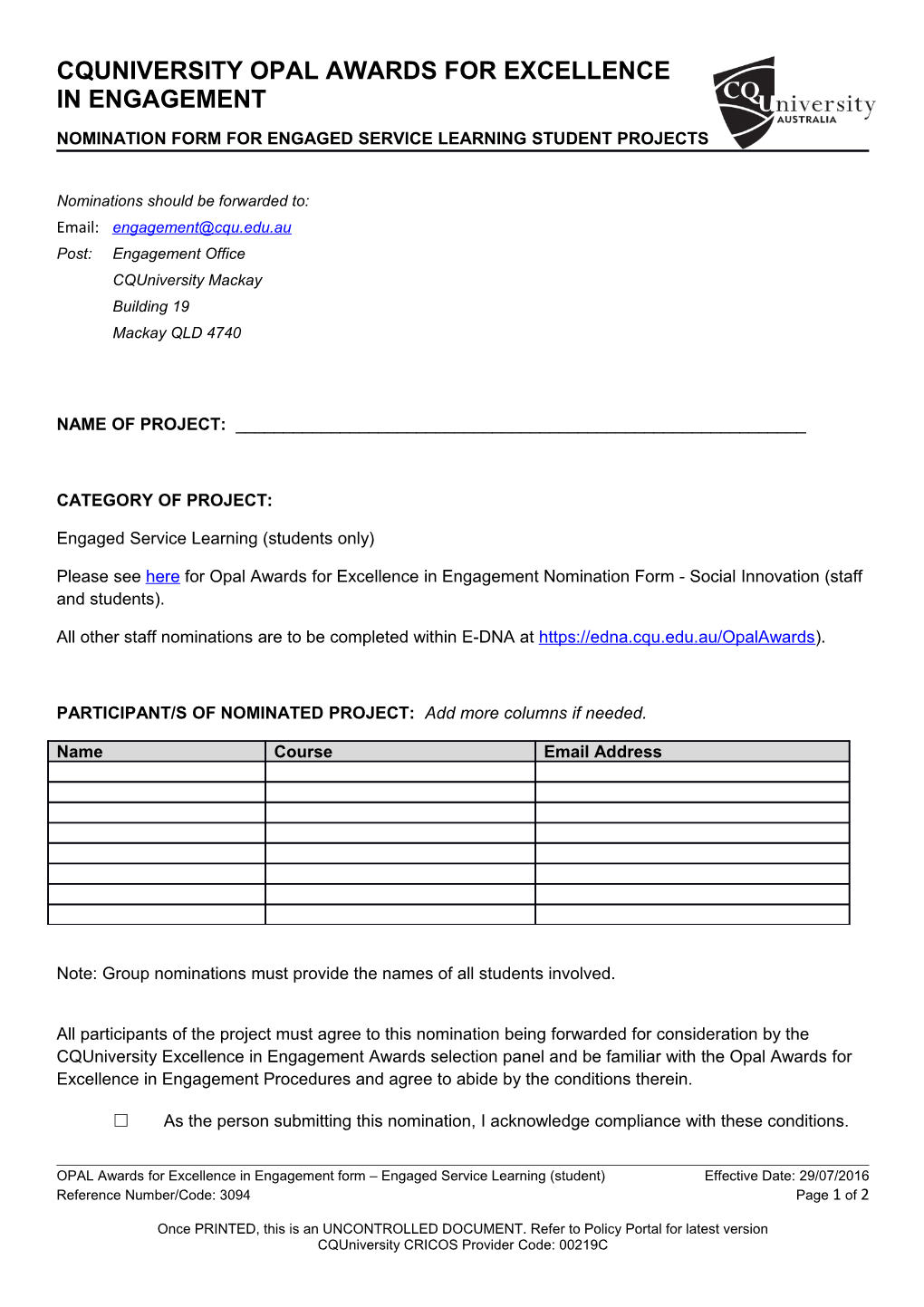 Nomination Form for Engaged Service Learning Student Projects
