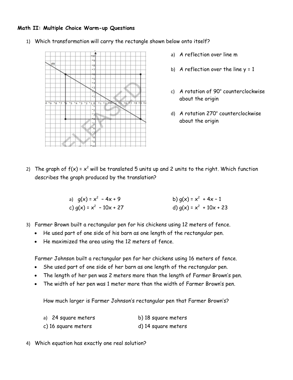 Math II: Multiple Choice Warm-Up Questions