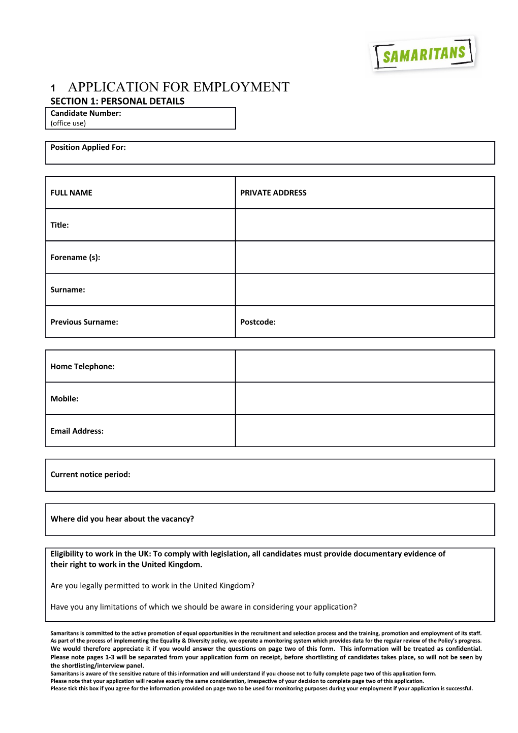 Samaritans Application Form