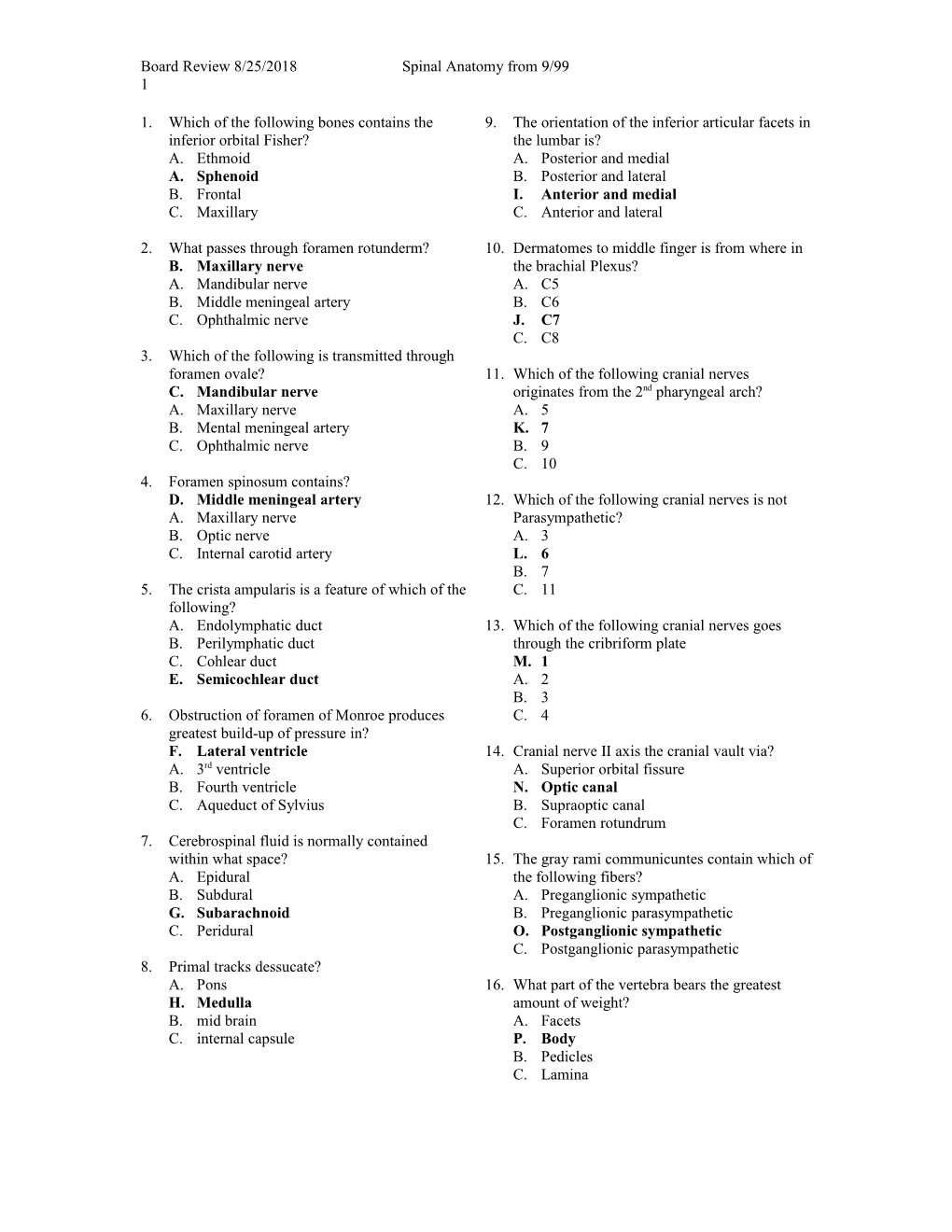 Board Review 9/13/2018 Spinal Anatomy from 9/99 1