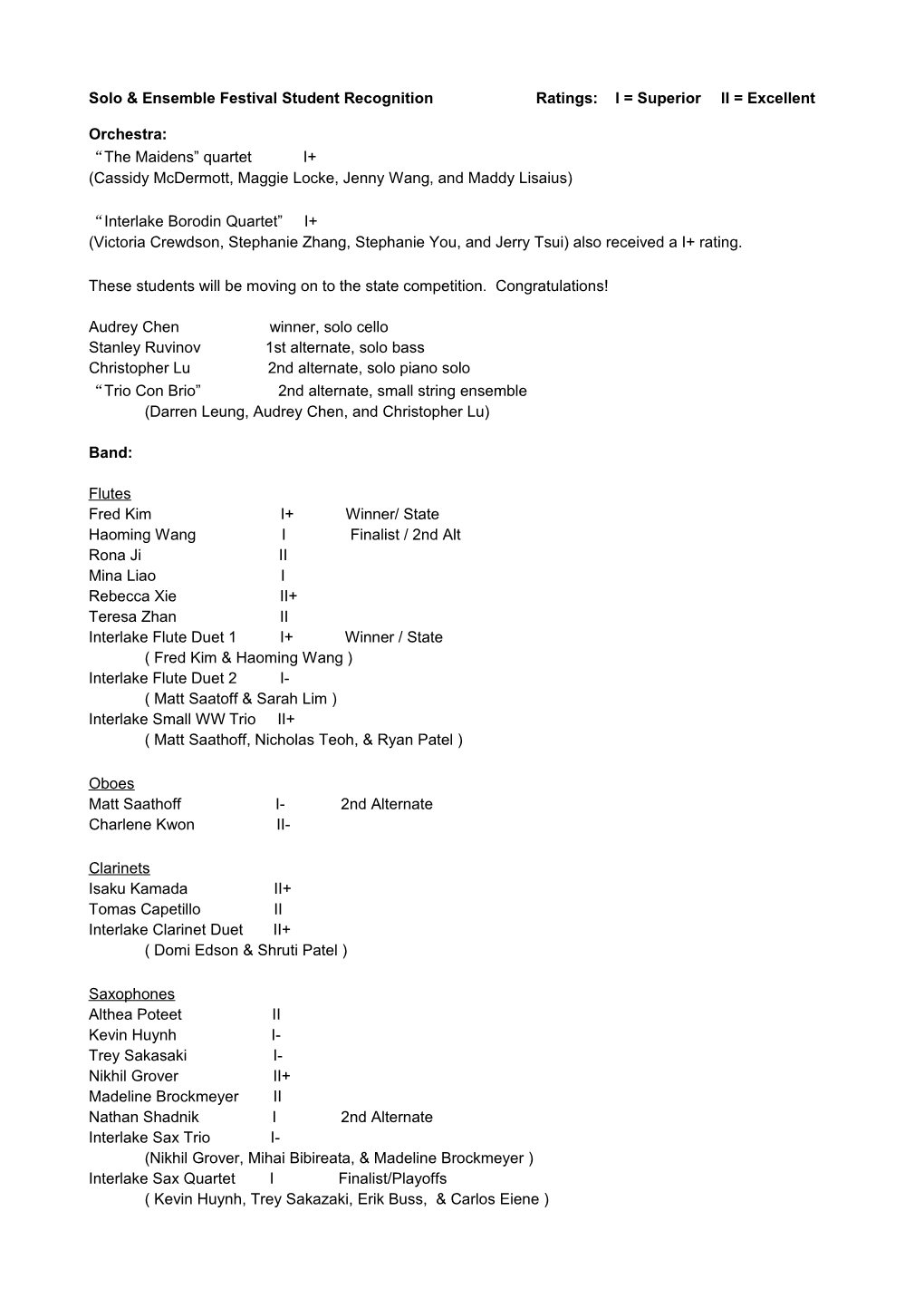 Solo & Ensemble Festival Student Recognition Ratings: I = Superior II = Excellent