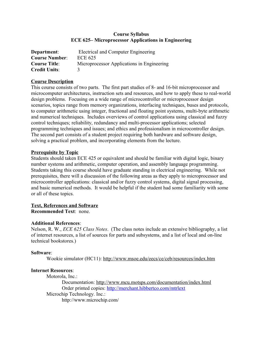 ECE 625 Microprocessor Applications in Engineering