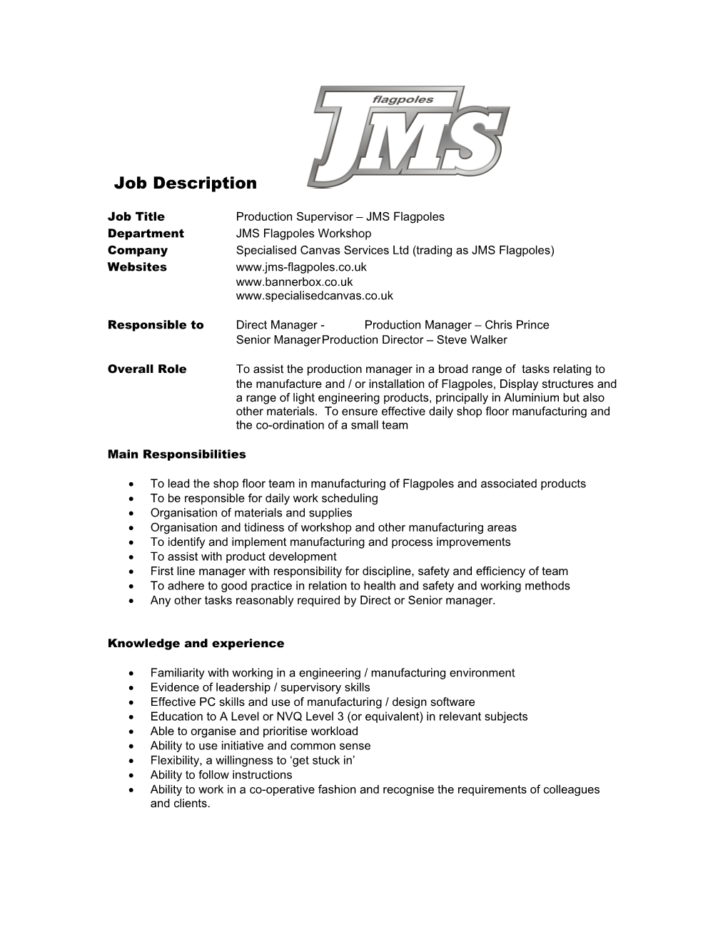 Job Title Production Supervisor JMS Flagpoles