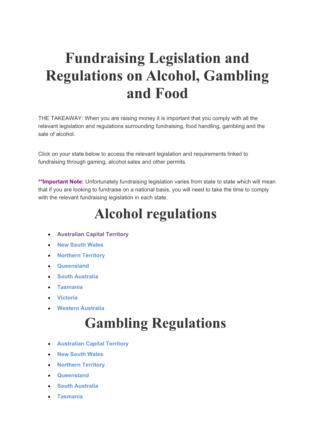 Fundraising Legislation and Regulations on Alcohol, Gambling and Food