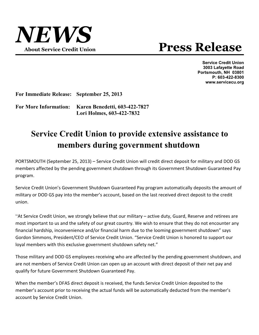 About Service Credit Union Press Release