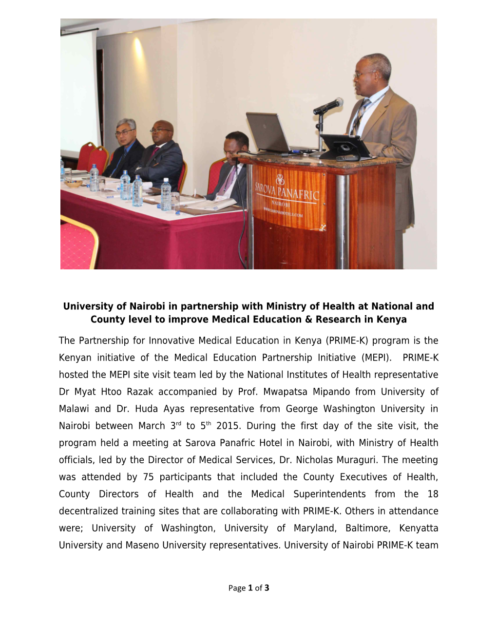 University of Nairobi in Partnership with Ministry of Health at National and County Level