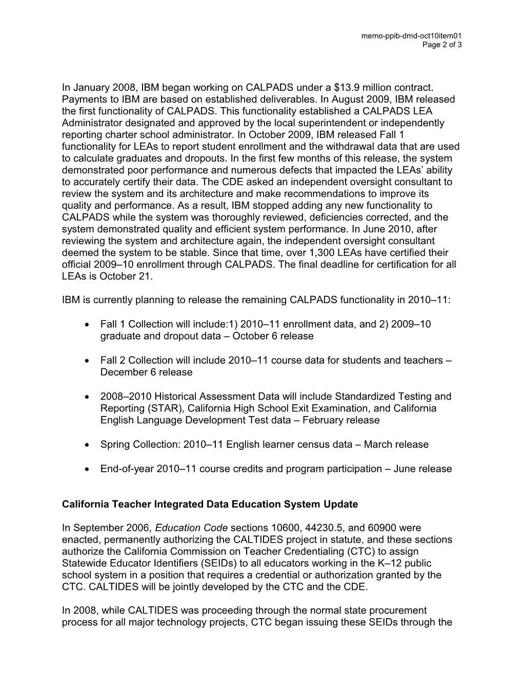 October 2010 Memorandum Item 4 - Information Memorandum (CA State Board of Education)