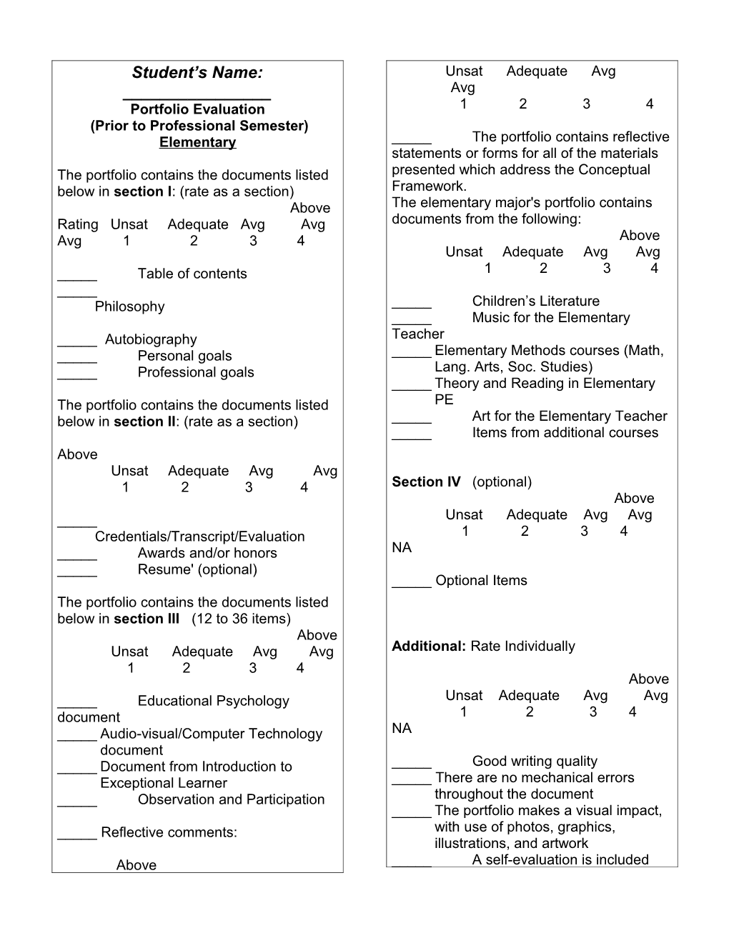 Rubric for Portfolio Evaluation (Prior to Professional Semester) Elementary