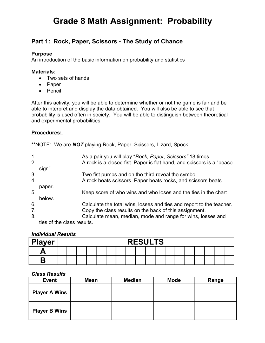 Grade 8 Math Assignment: Rock, Paper, Scissors - the Study of Chance