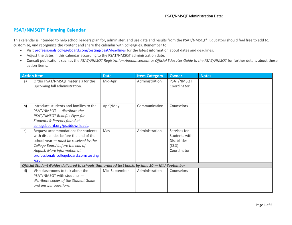 PSAT/NMSQT Planning Calendar