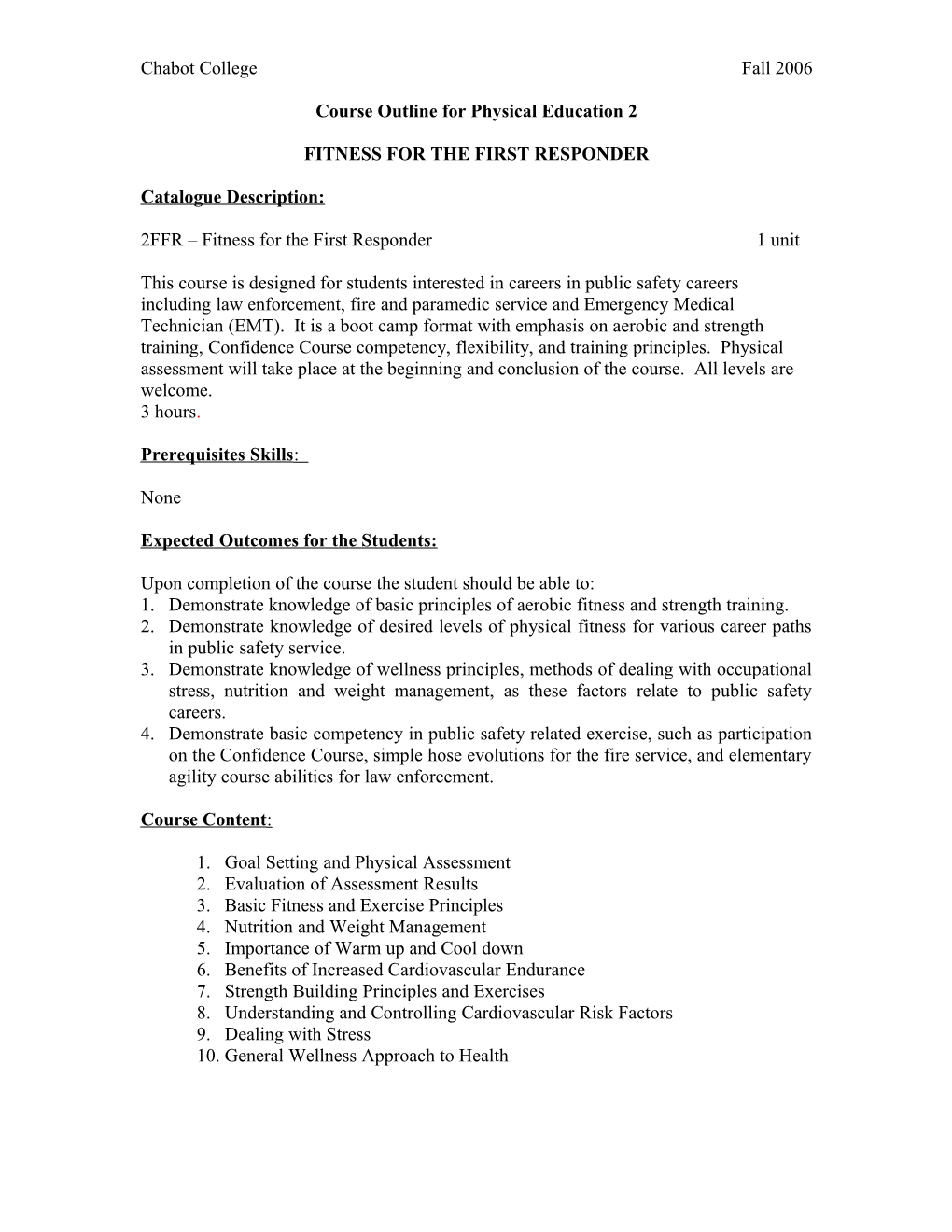 Course Outline For Physical Education 2 – FITNESS BOOT CAMP