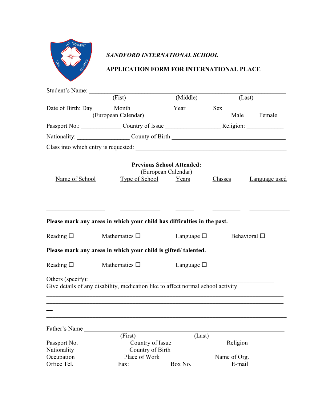 Application Form for International Place