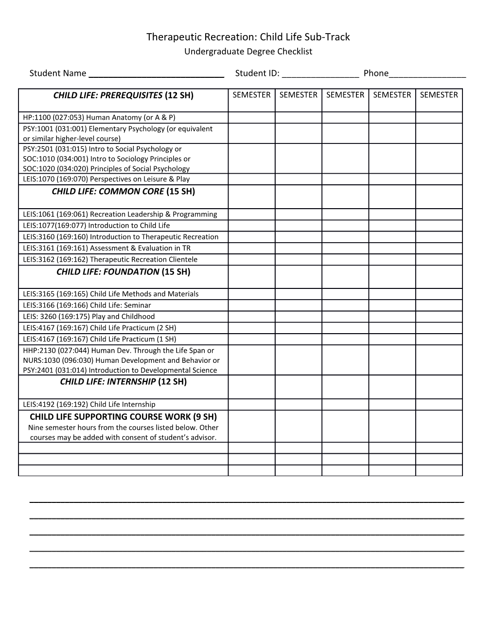 Therapeutic Recreation: Child Life Sub-Track Undergraduate Degree Checklist