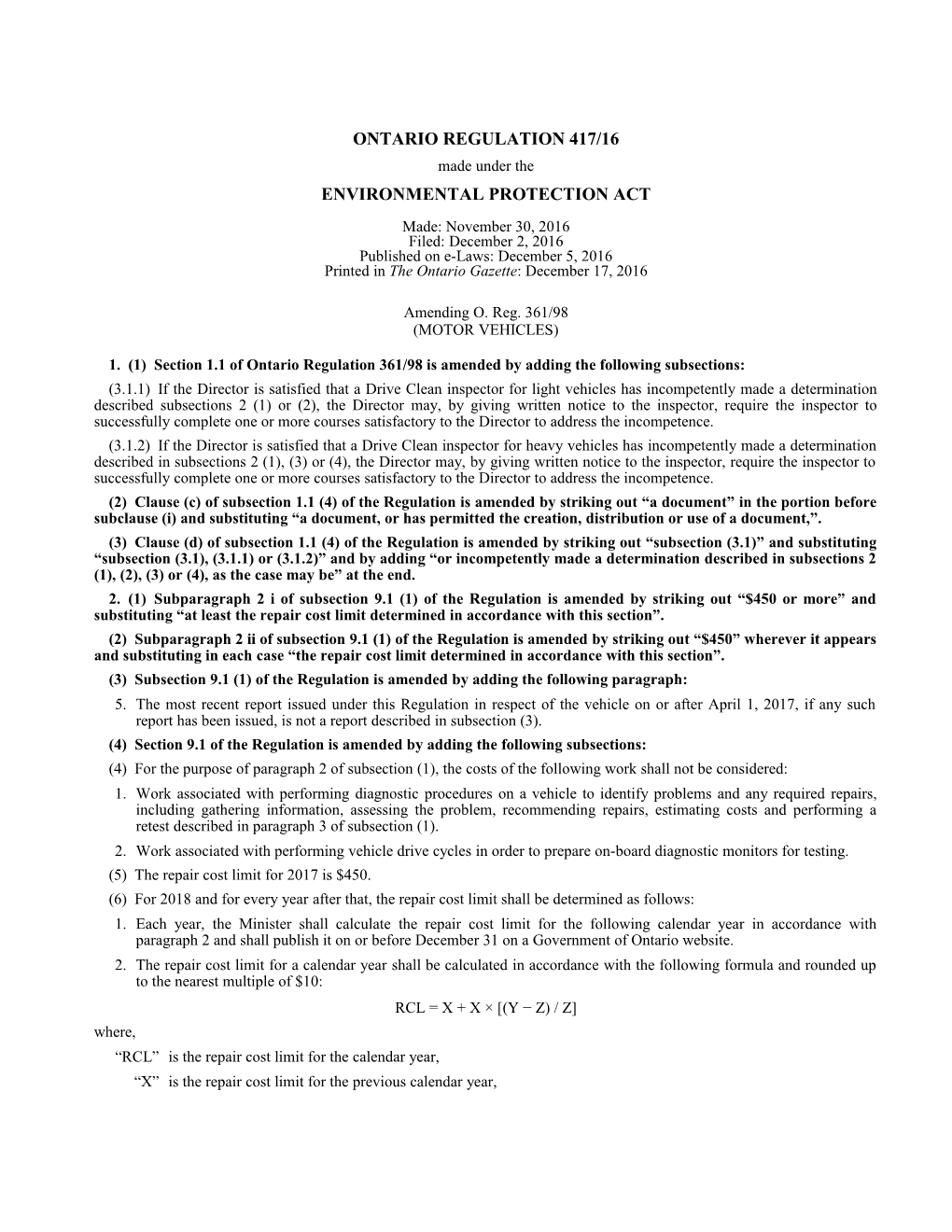 ENVIRONMENTAL PROTECTION ACT - O. Reg. 417/16