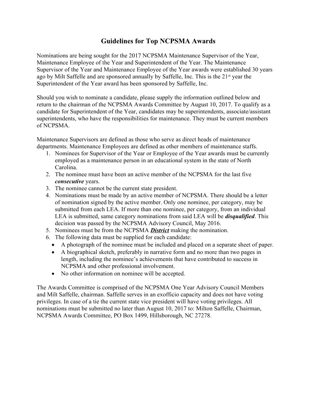 Nominations Are Being Sought for the 2001 NCPSMA Maintenance Supervisor of the Year, Maintenance