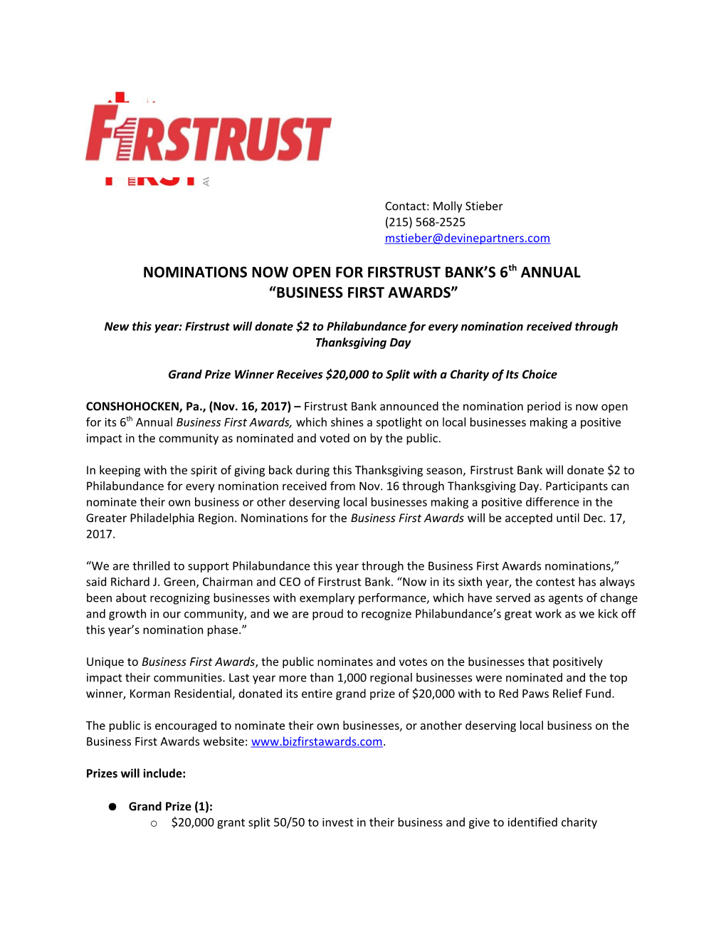 NOMINATIONS NOW OPEN for FIRSTRUST BANK S 6Th ANNUAL