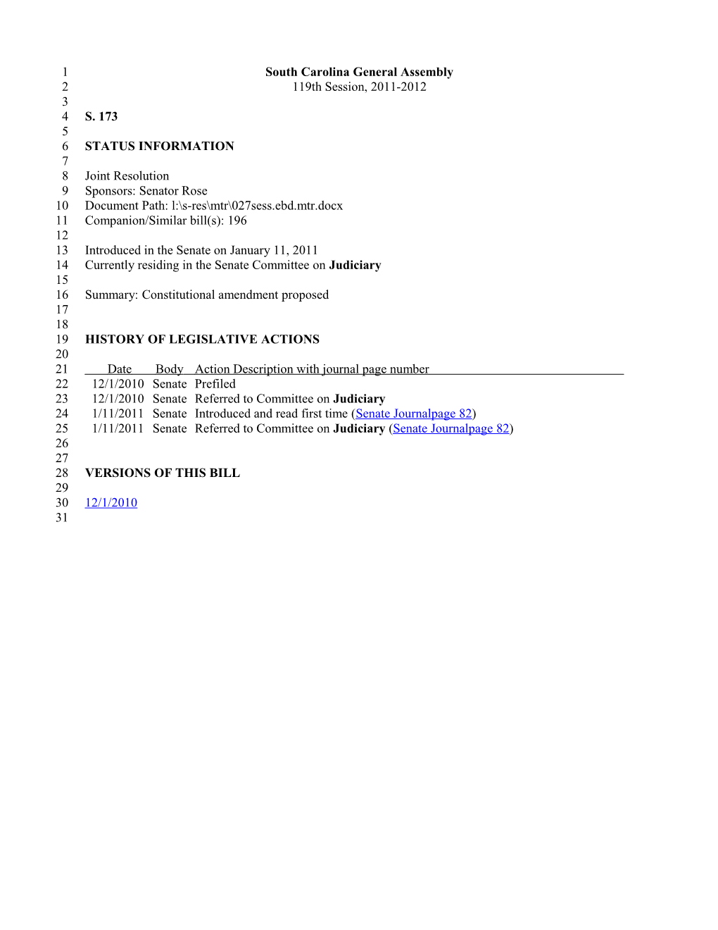 2011-2012 Bill 173: Constitutional Amendment Proposed - South Carolina Legislature Online