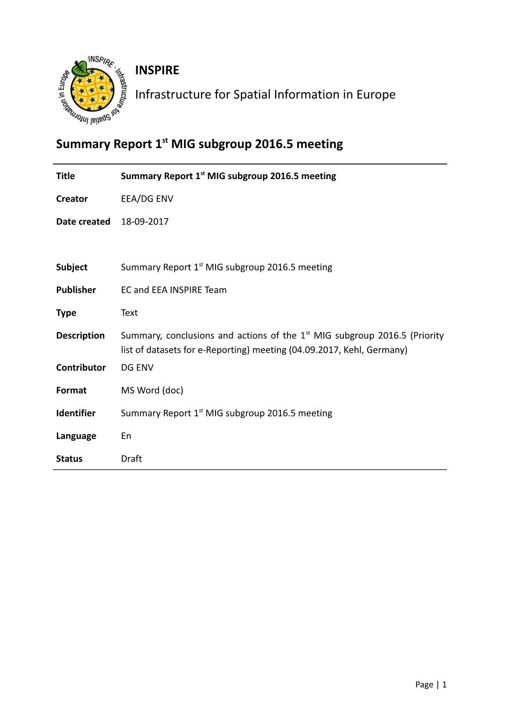 Summary Report 1St MIG Subgroup 2016.5 Meeting