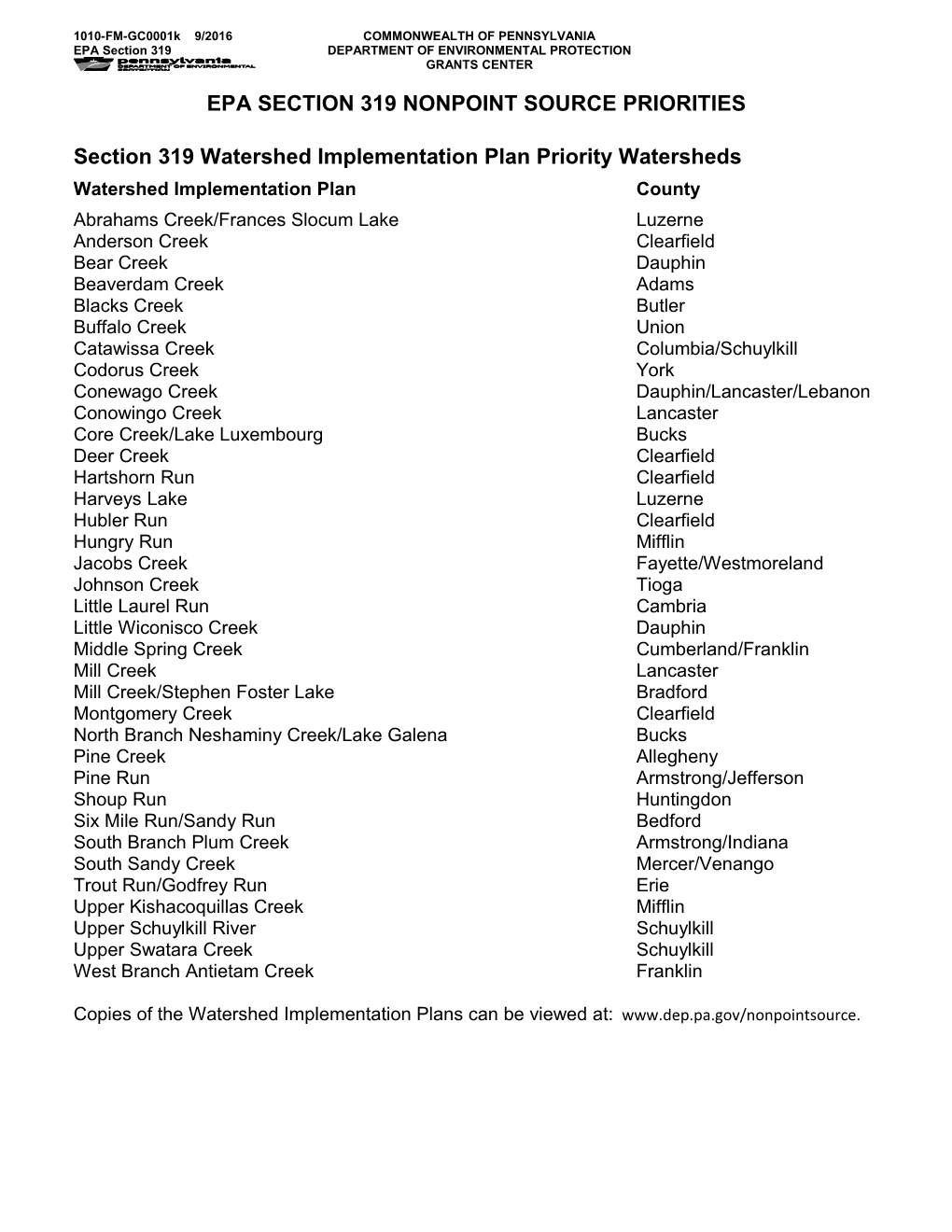 Epa Section 319 Nonpoint Source Priorities