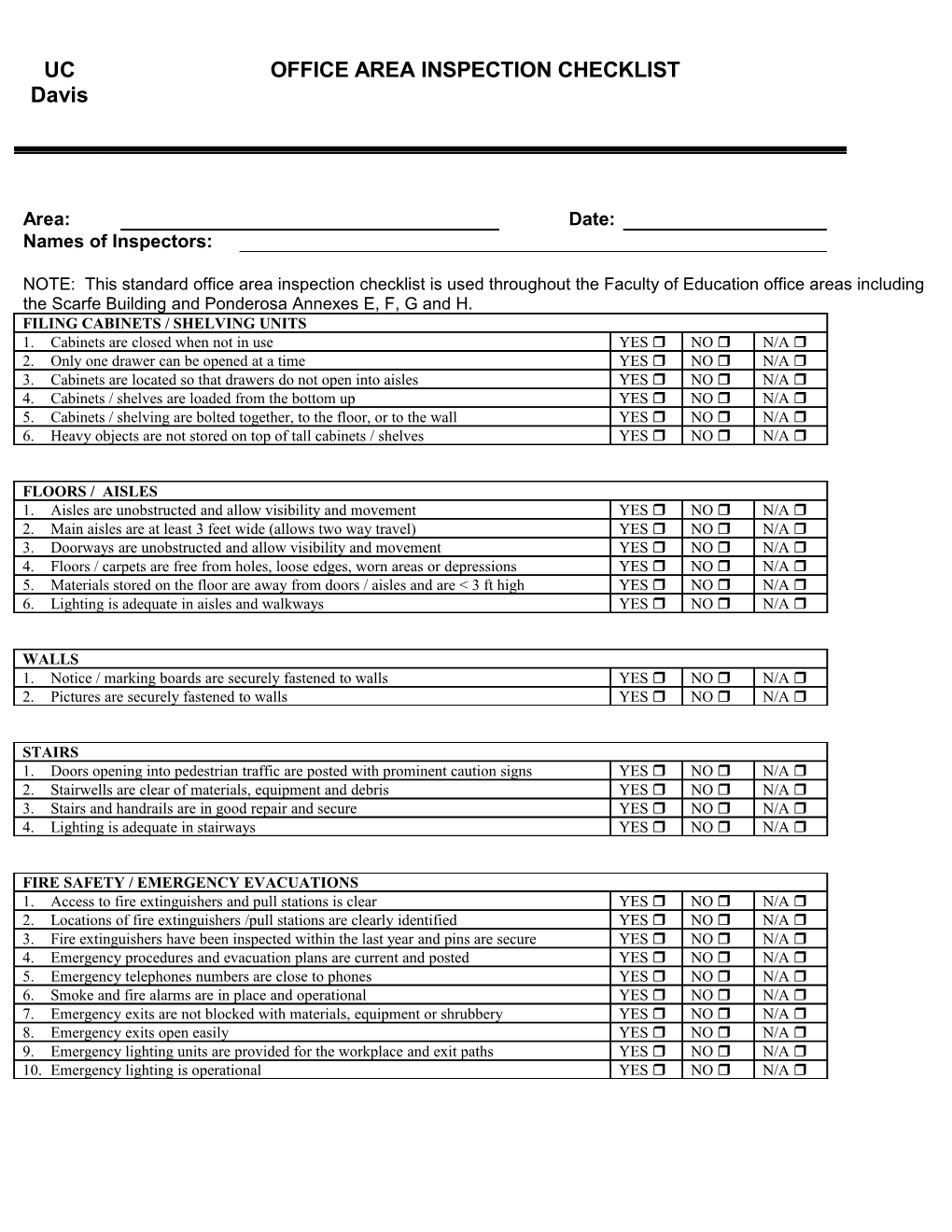 NOTE: This Standard Office Area Inspection Checklist Is Used Throughout the Faculty Of