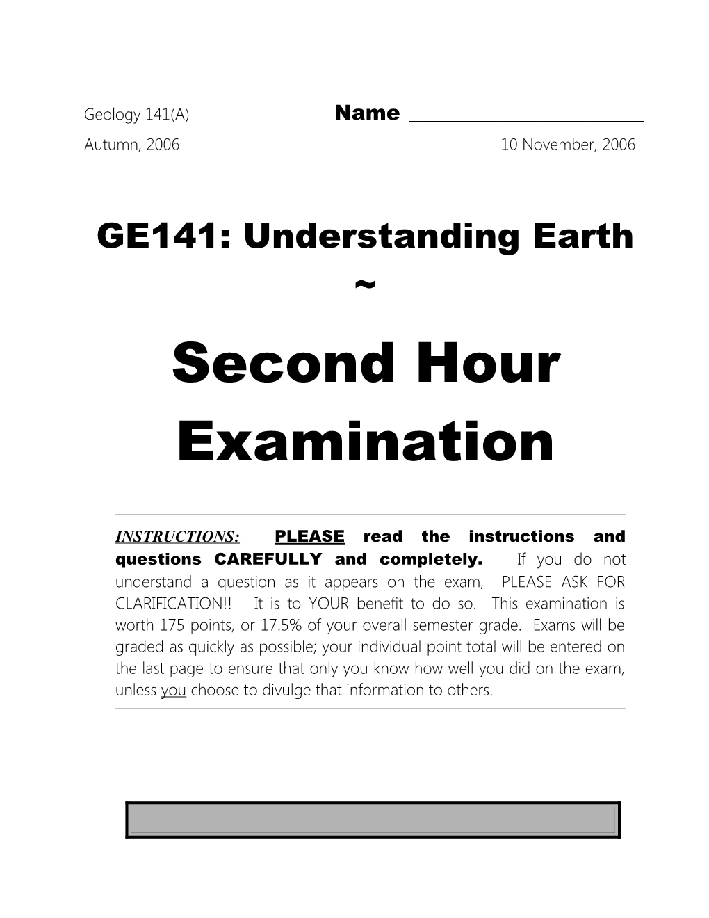 Geology 141 (A): Fall, 2006 Second Hour Examination Page 14