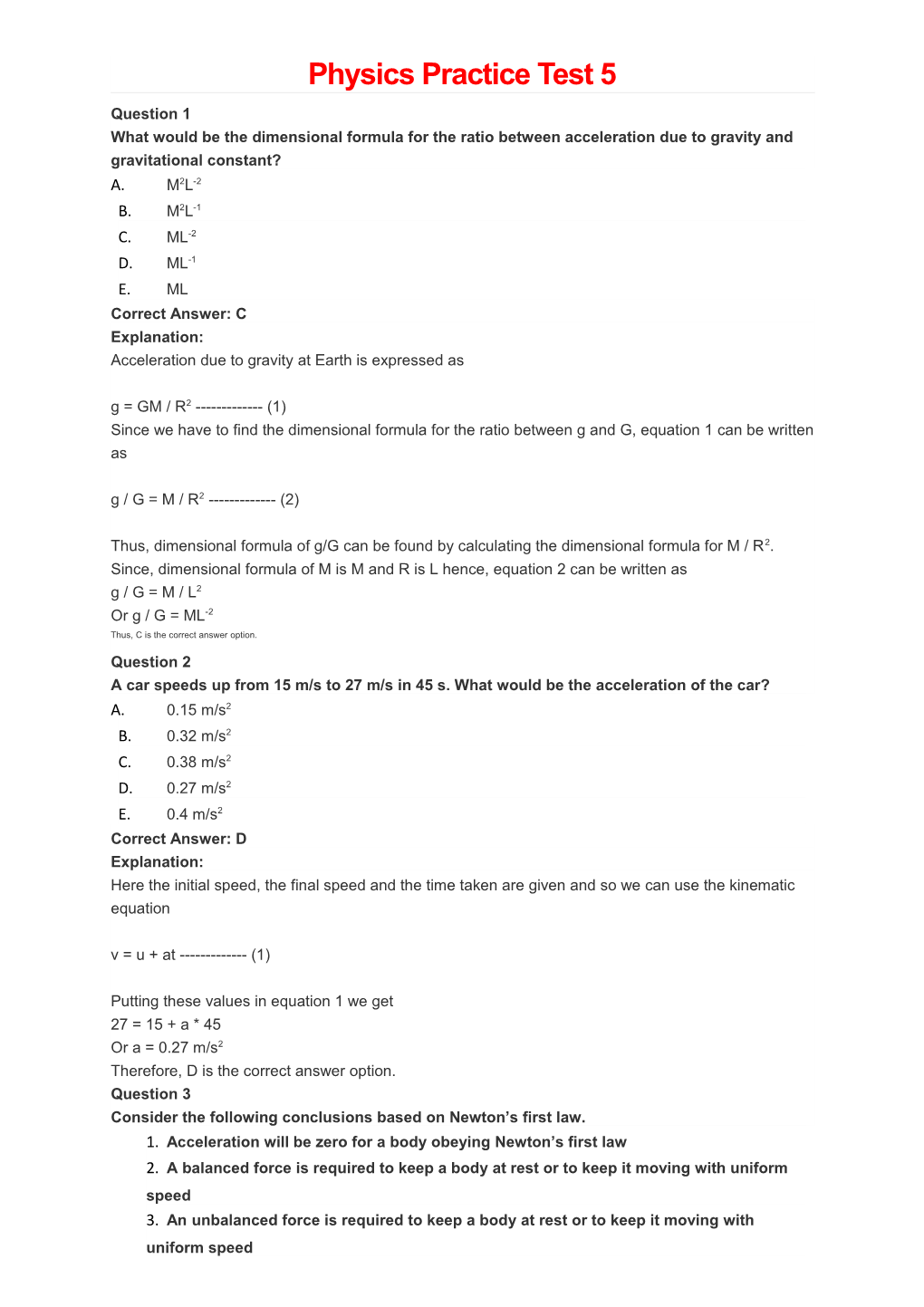 Physics Practice Test 5