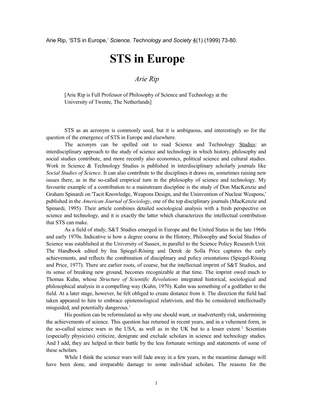 Arie Rip, STS in Europe, Science, Technology and Society 4(1) (1999) 73-80