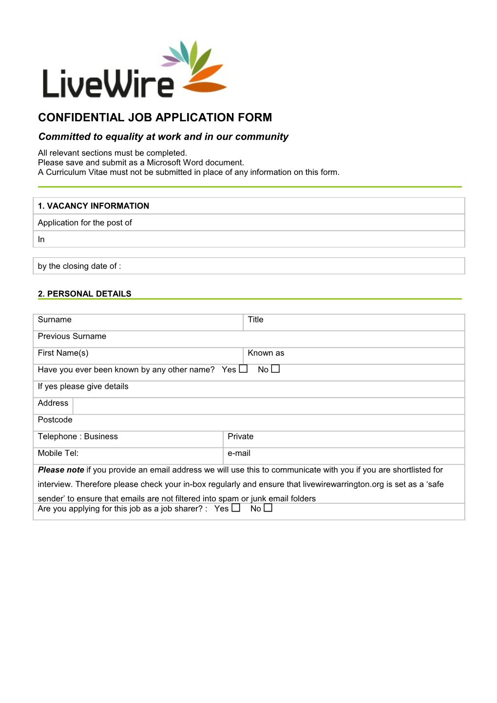 Confidential Job Application Form