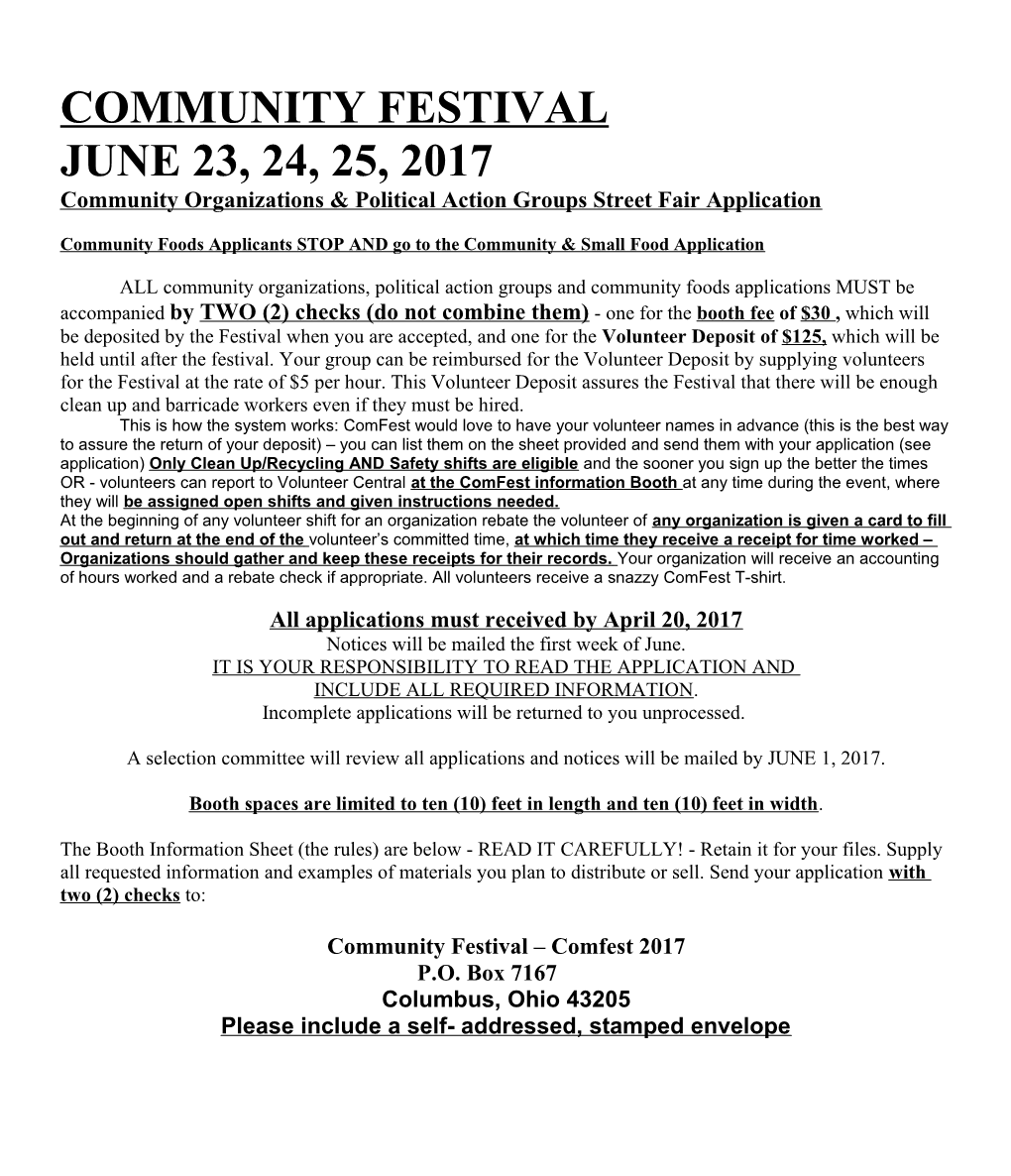 Community Organizations & Political Action Groups Street Fair Application