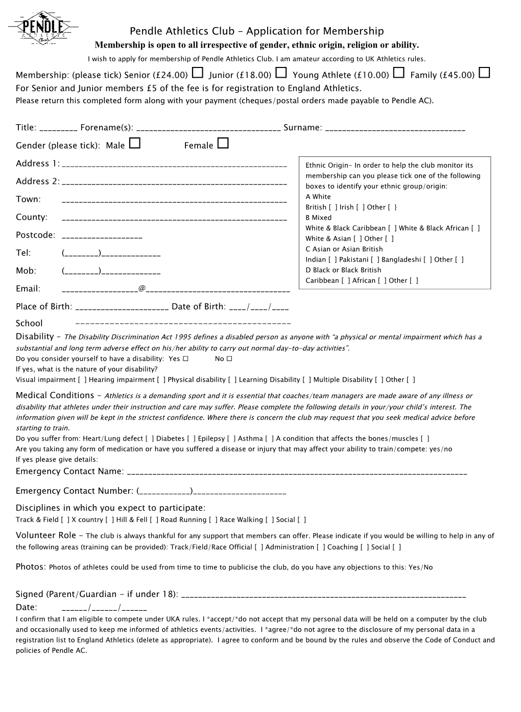 Pendle Athletics Club Application for Membership