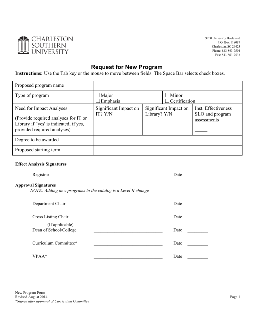 Signature Form: Request for New Academic Program
