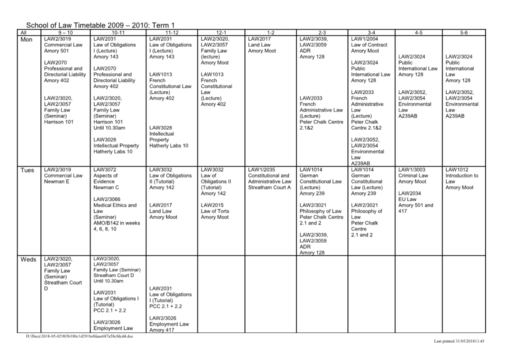 School of Law Timetable 2009 2010: Term 1