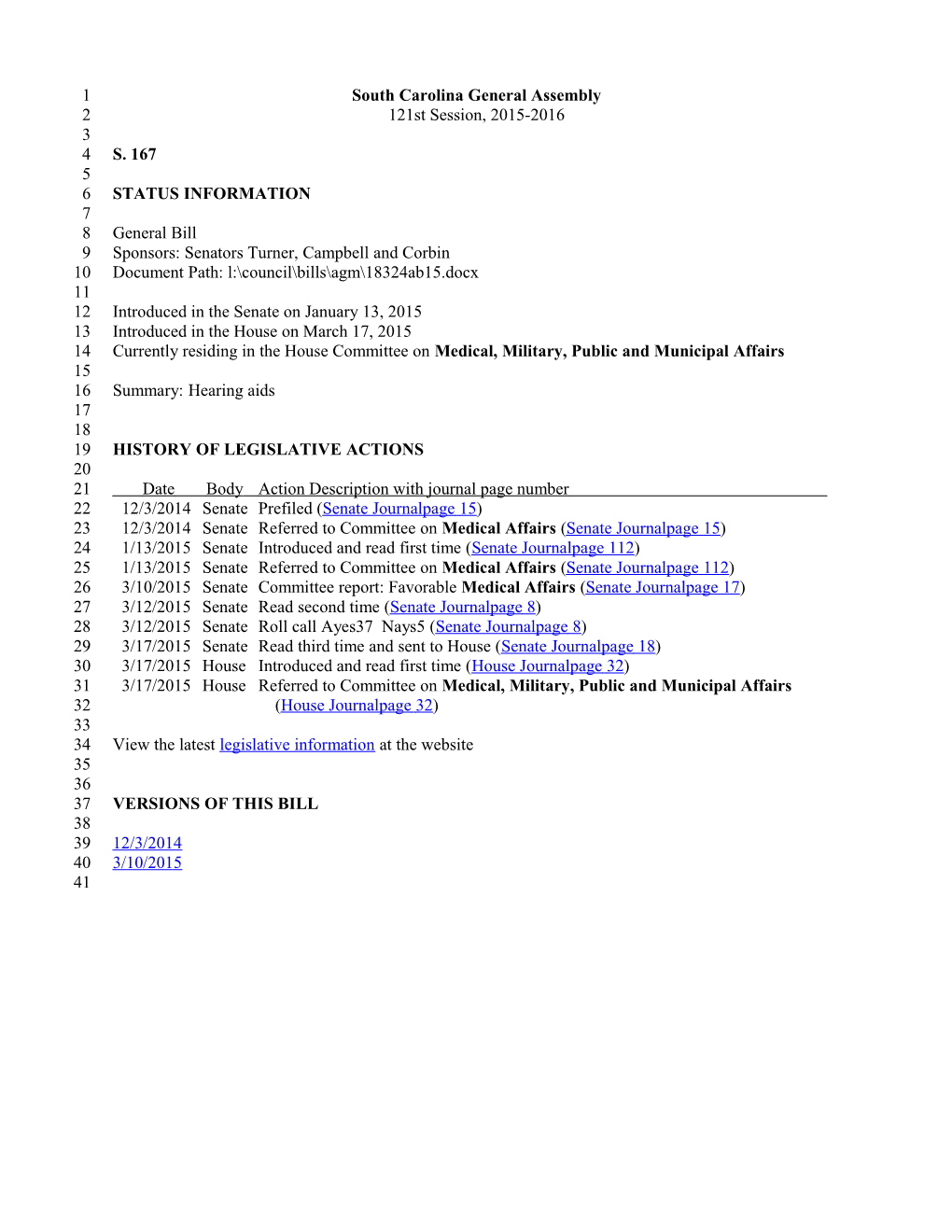 2015-2016 Bill 167: Hearing Aids - South Carolina Legislature Online