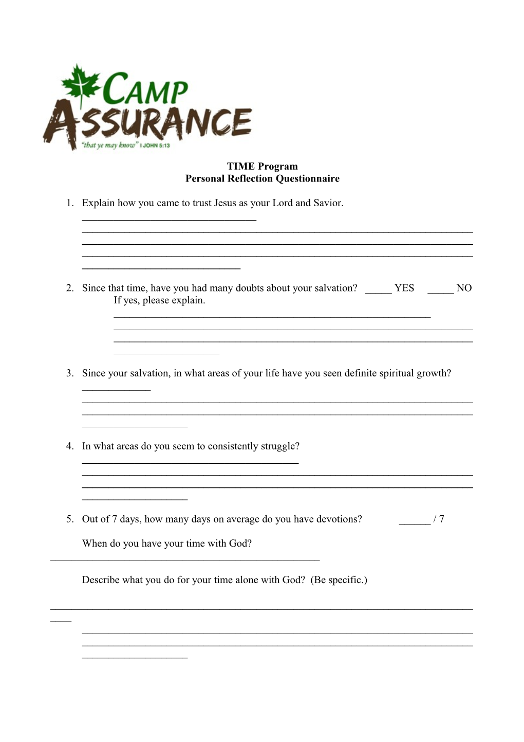 Personal Reflection Questionnaire