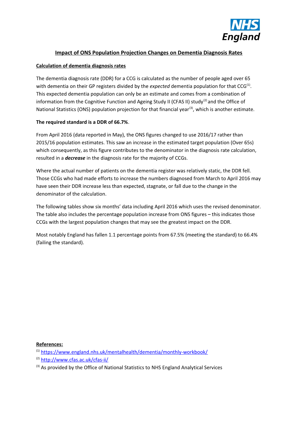 Impact of ONS Population Projection Changes on Dementia Diagnosis Rates