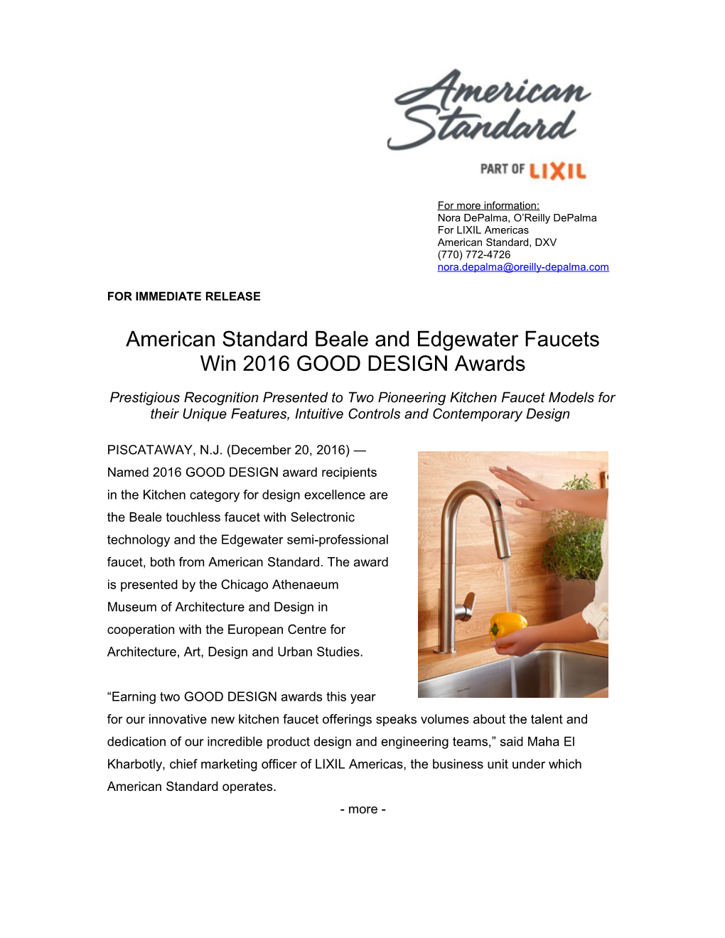 American Standard Beale and Edgewater Faucets Win 2016 GOOD DESIGN Awards 2-2-2