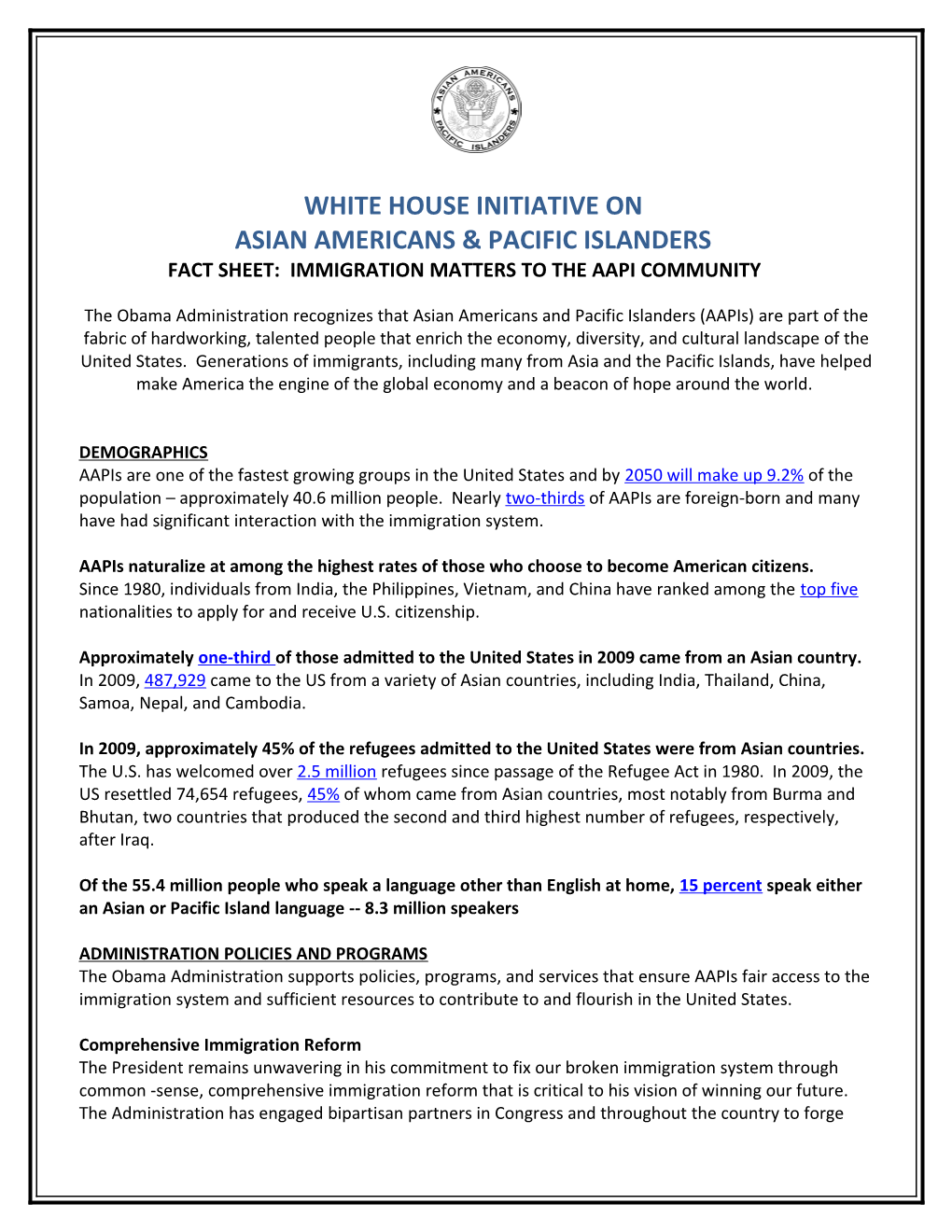 Fact Sheet: Immigration Matters to the Aapi Community